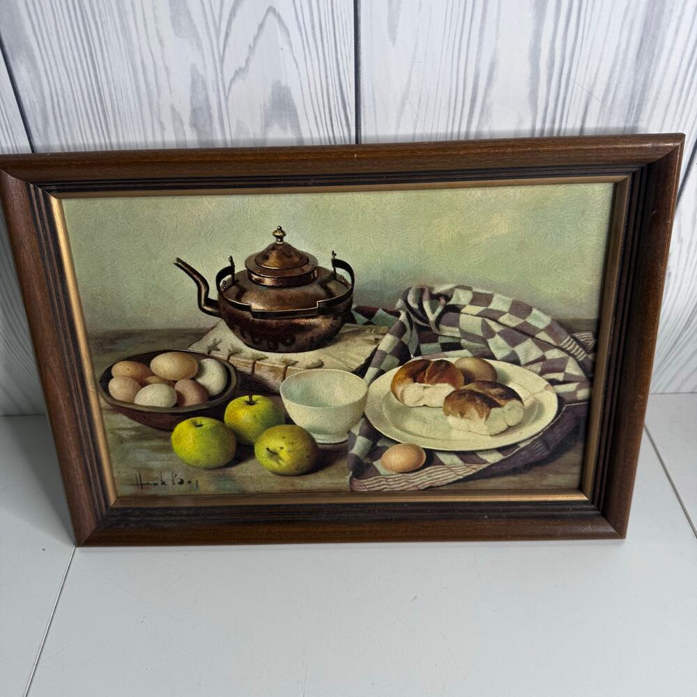 Henk Bos Still Life Print 1960 Fruit Eggs Teapot Bread 10x14" Frame Dutch